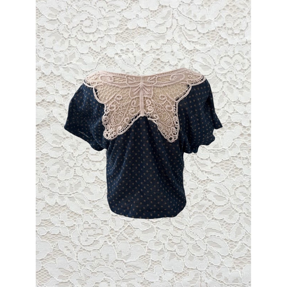 vintage papaya polka dot short sleeve top with butterfly crochet back